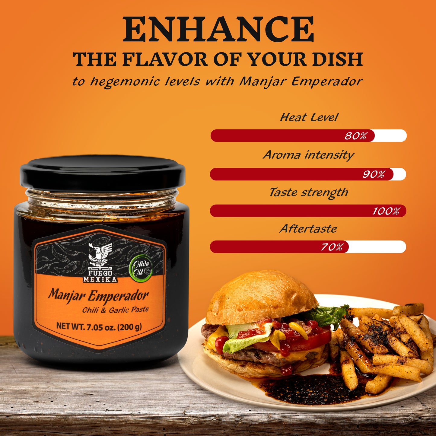 FUEGO MEXIKA - Manjar Emperador 24-unit Box | Premium Salsa Macha: roasted Chipotle, Morita & Rojo de Arbol peppers with Garlic bathed in virgin olive oil.