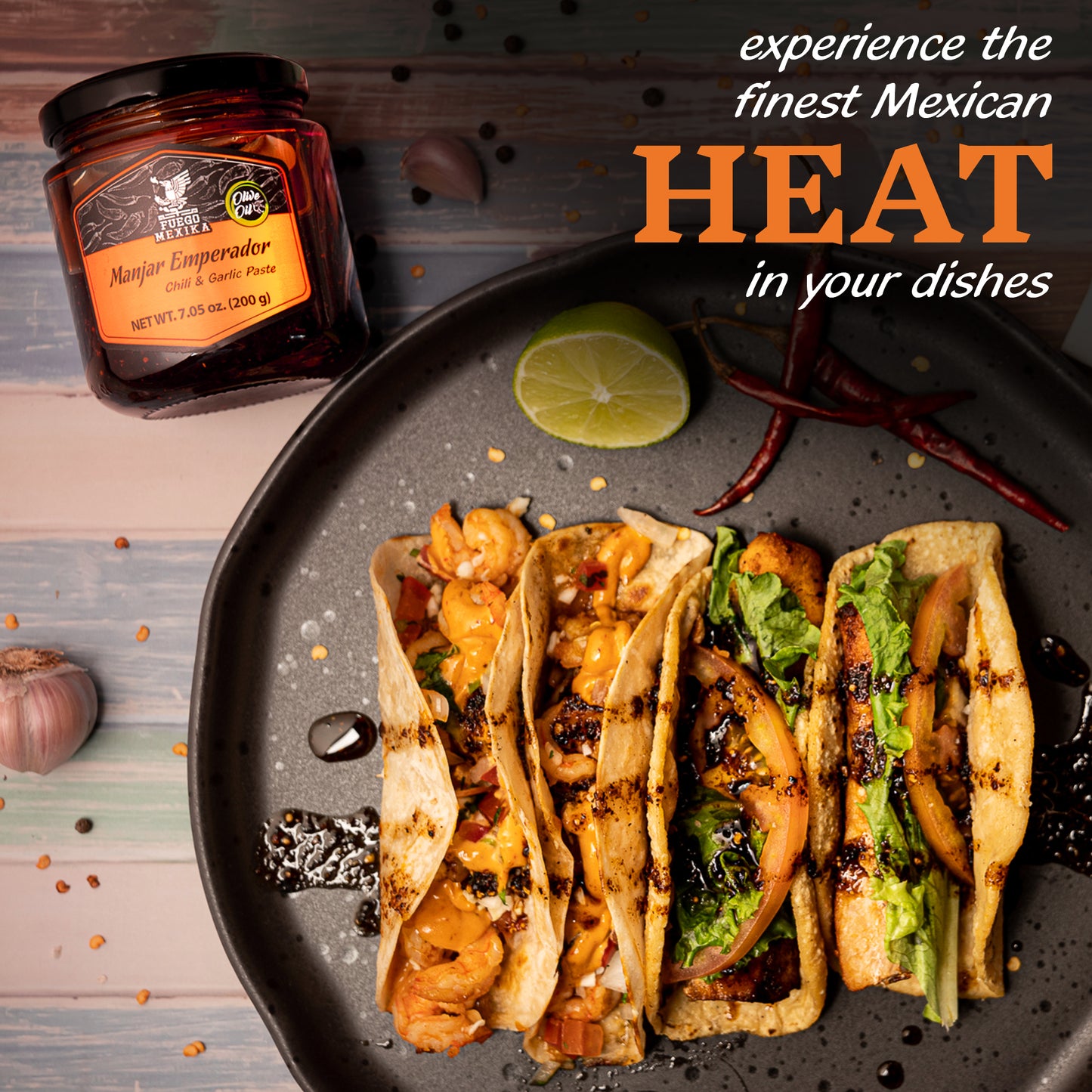 FUEGO MEXIKA - Manjar Emperador 24-unit Box | Premium Salsa Macha: roasted Chipotle, Morita & Rojo de Arbol peppers with Garlic bathed in virgin olive oil.