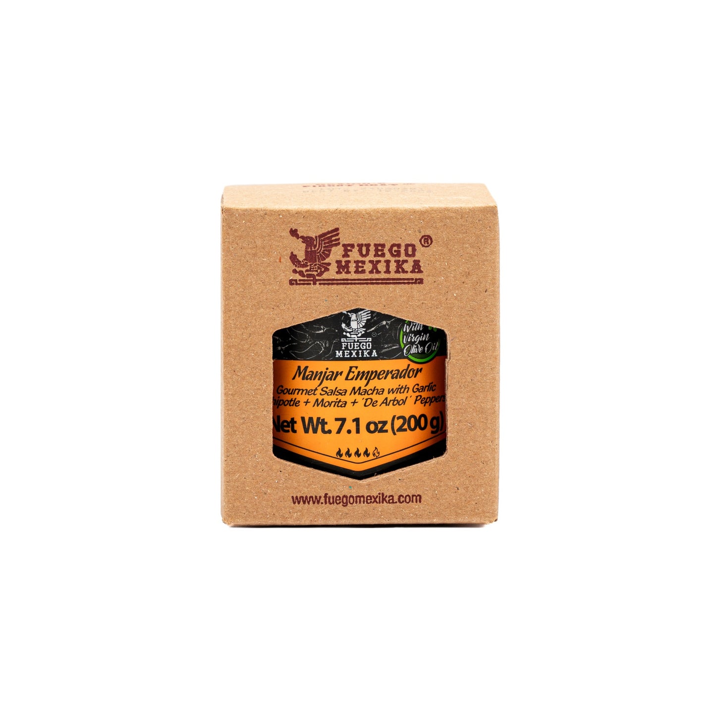 FUEGO MEXIKA - Manjar Emperador 24-unit Box | Premium Salsa Macha: roasted Chipotle, Morita & Rojo de Arbol peppers with Garlic bathed in virgin olive oil.