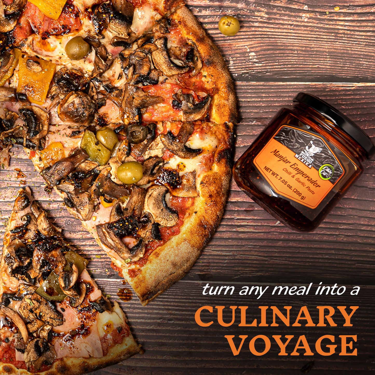 FUEGO MEXIKA - Manjar Emperador 24-unit Box | Premium Salsa Macha: roasted Chipotle, Morita & Rojo de Arbol peppers with Garlic bathed in virgin olive oil.